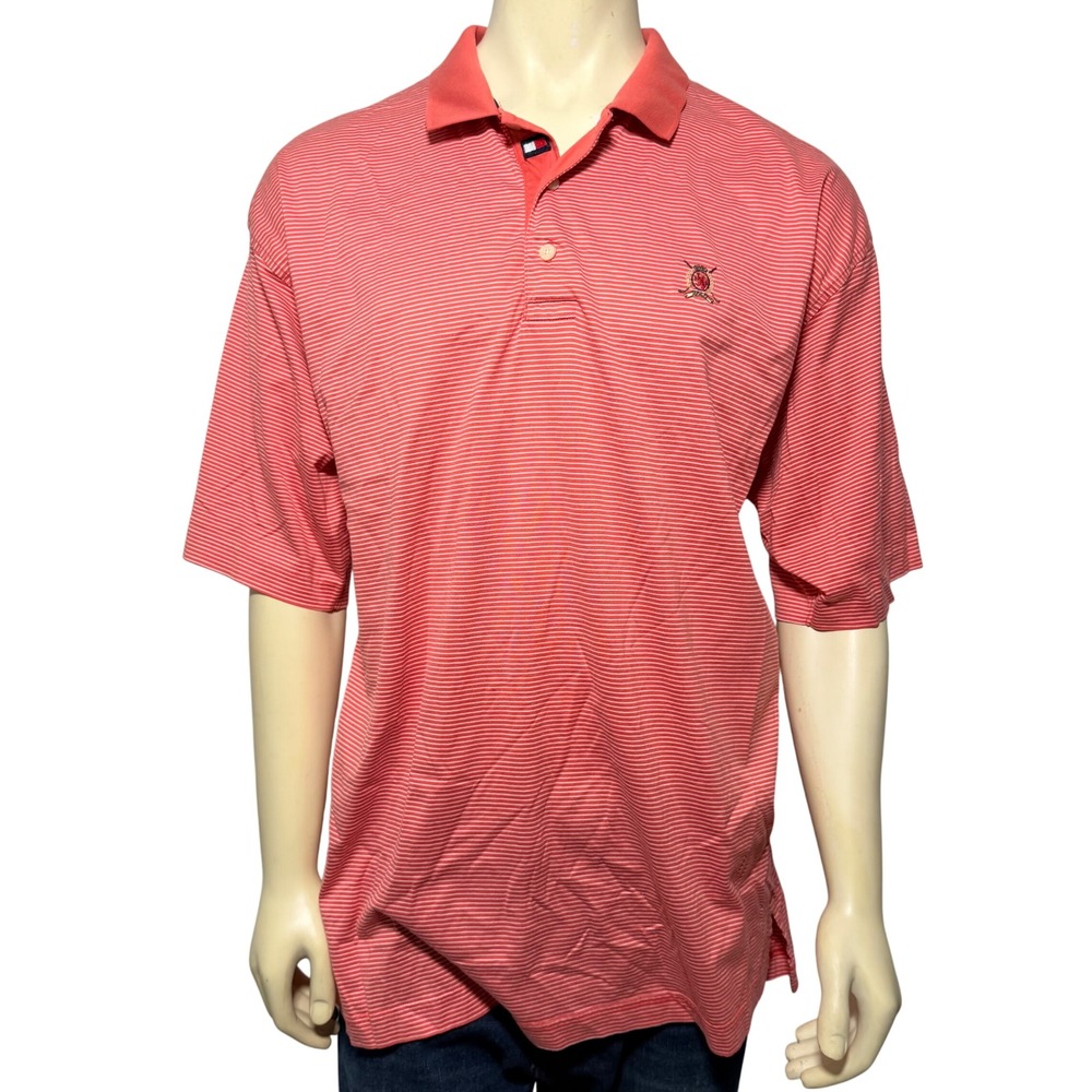 Vintage Tommy Hilfiger‎ Golf Polo Shirt Mens XL Pink Striped Short Sleeve Crest